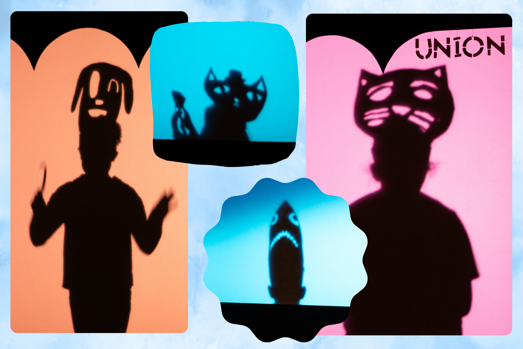 A collage of different silhouettes of youth with animal masks and cardboard cutouts casting shadows on a screen
