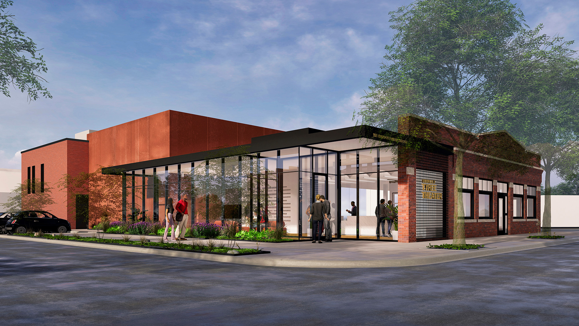 Architectural rendering of the Shirley Tyree Theater featuring a large glass entrance web
