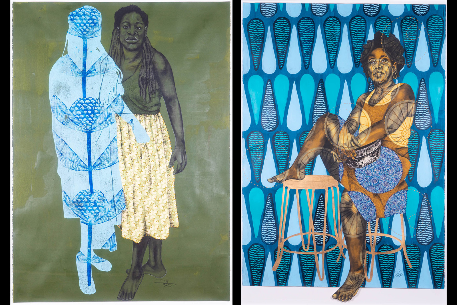 Delita Martin mixed media work first piece companion standing figure and blue silhouette on a green background second piece offerings self portrait sitting figure on a blue tear drop shape pattern background
