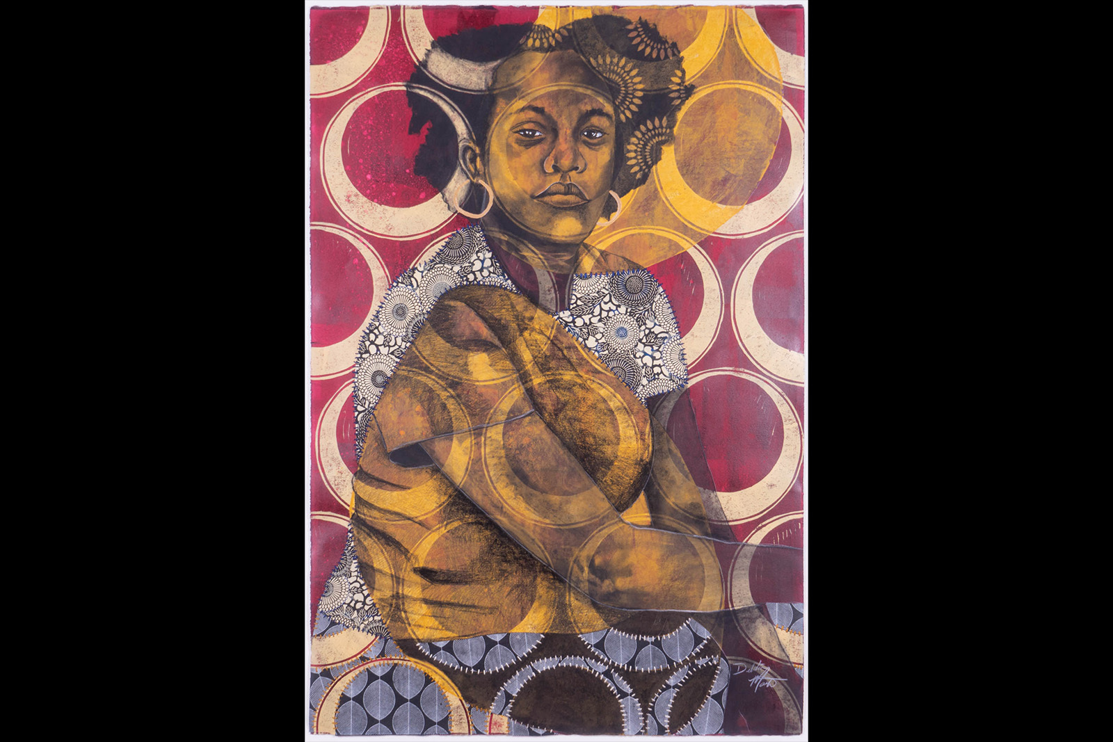 Delita Martin mixed media work redbird seated figure looking at the viewer on a yellow background