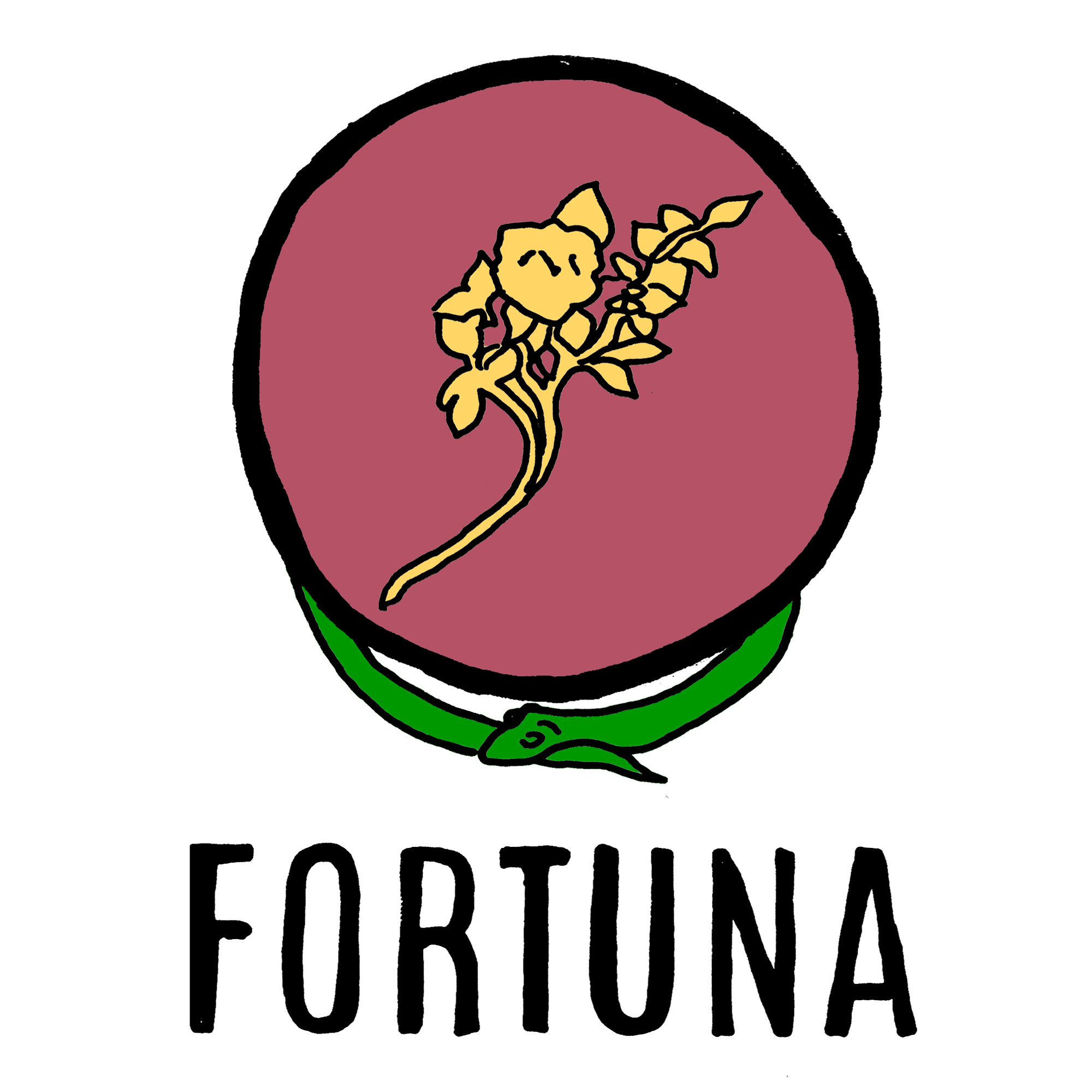 Fortuna Logo A Red Circle With Yellow Flowers Inside Below A Green Snake Eats Its Tail Black Text Underneath Reads FORTUNA