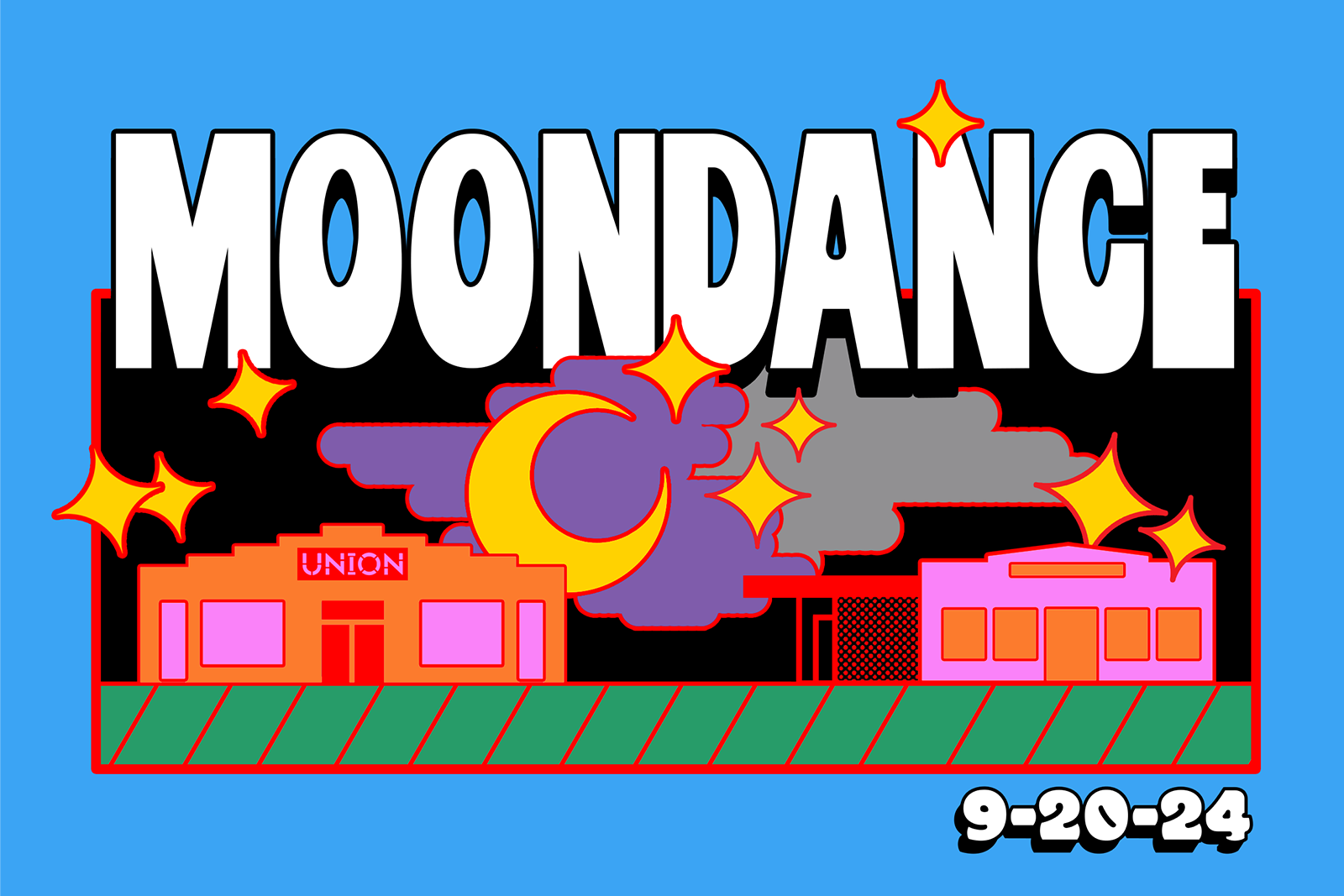 Happenings The 2024 Moondance Logo feautring a colorful rendering of The Union and Shirley Tyree Theater with a moon and stars above