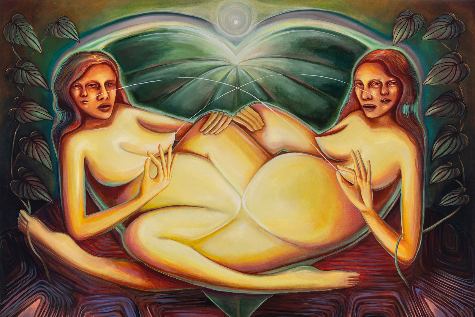 Happenings large painting by artist alicia reyes mcnamara showing two glowing pregnant figures with a green and red background
