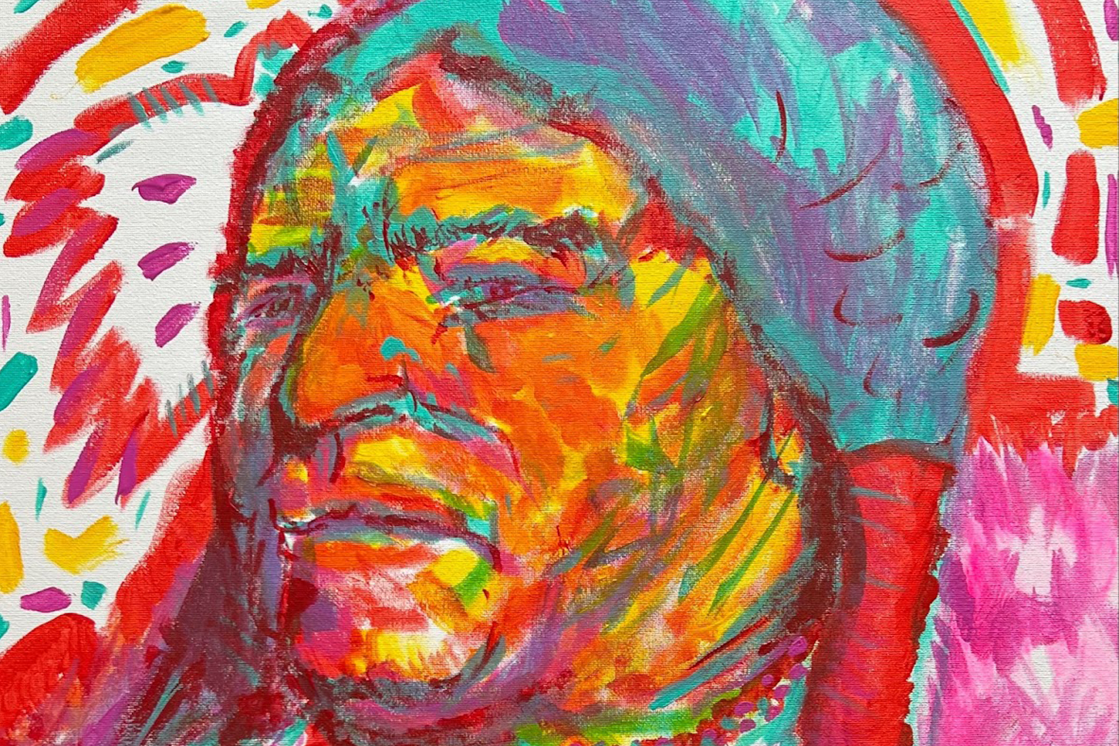 Happenings size image of an illustration by artist Nathanial Ruleaux It is a crop of a portrait of a native american man rendered in a vibrant array of bright colors