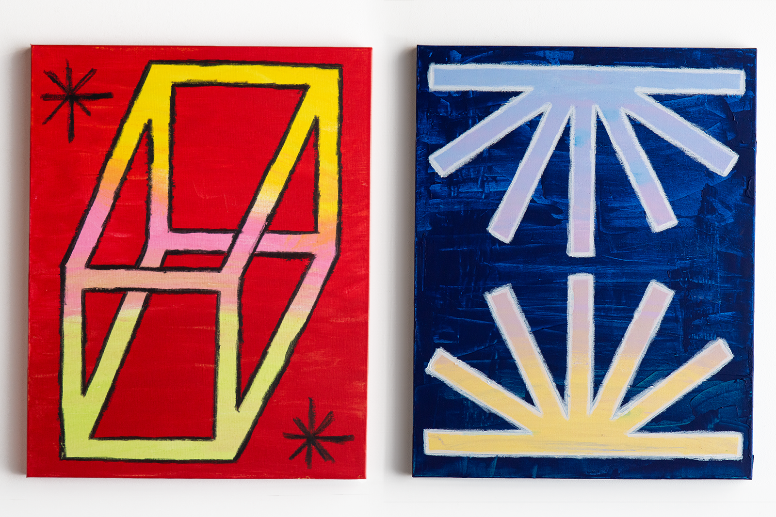 Justin Kemerling Happening featuring two paintings side by side both with bold lines shapes and colors