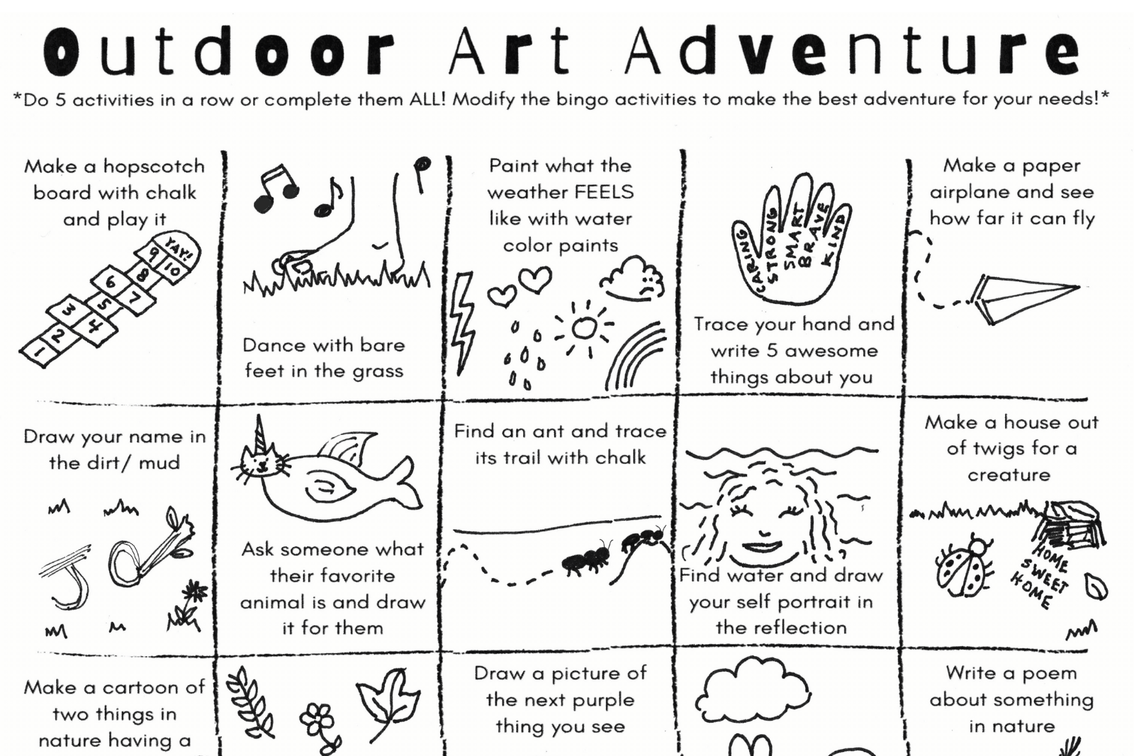Outdoor art adventure bing card map inlcuding activities like make a paper airplane play hopscotch and draw a picture of your favorite animal