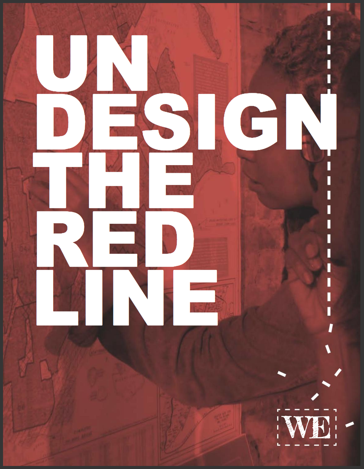 Undesign the Redline Logo, white text against a red background with designing the WE logo in the bottom corner.