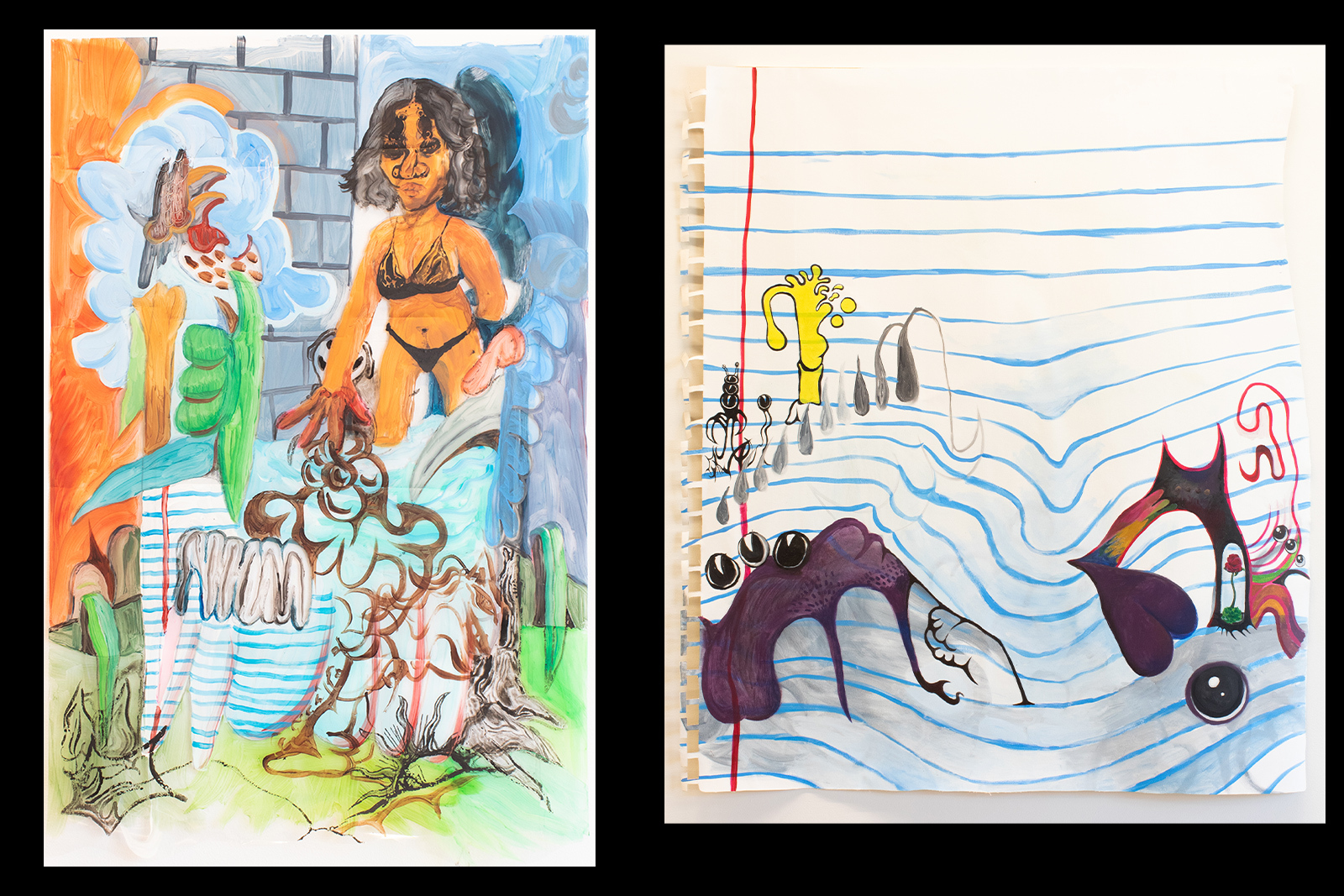 Thalia Rodgers - Two paintings on unframed canvas. Left contains a collage of abstract objects, a brick wall, notebook paper, and a female figure in black underwear. On the right: painting of a notebook page with abstracts shapes bleeding between the line
