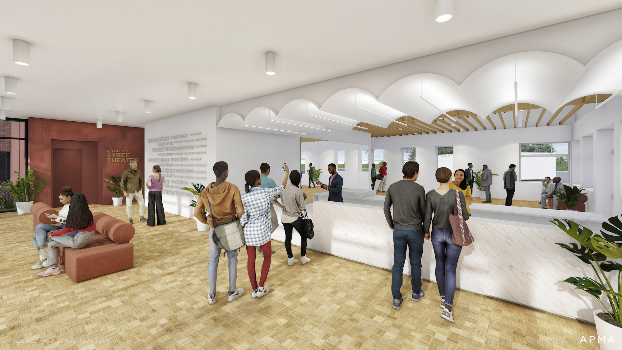 Union theater rendering interior lobby with people in line behind a counter