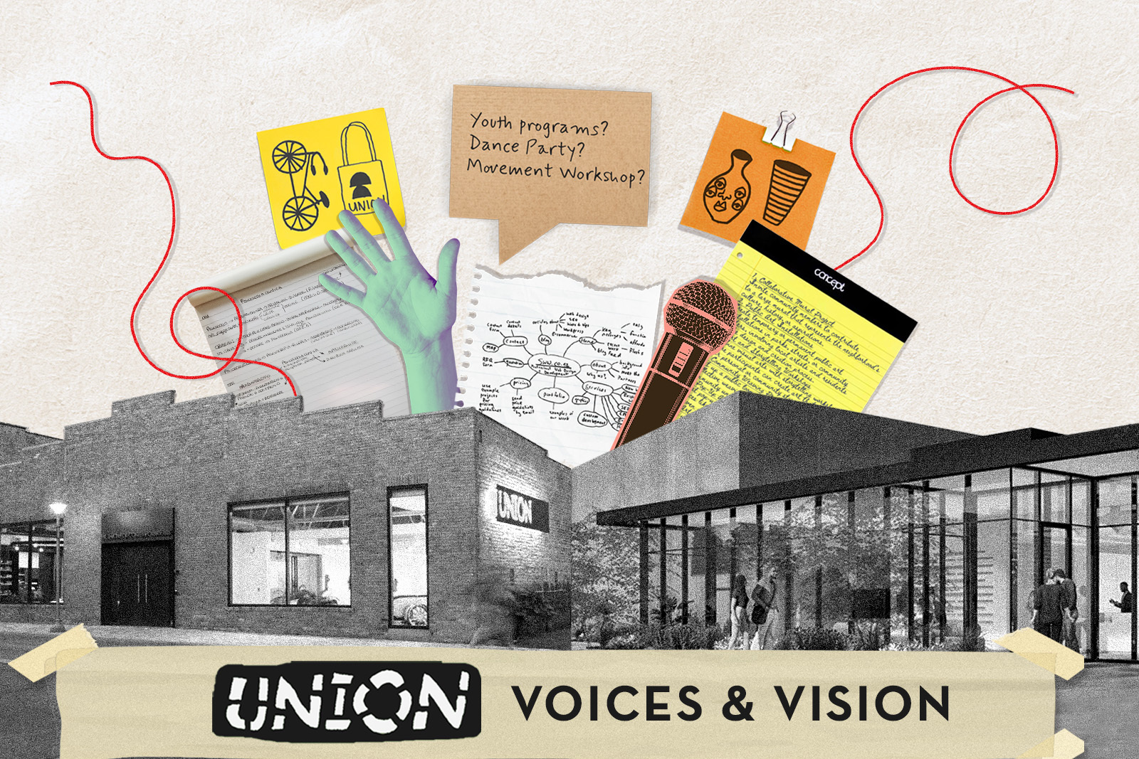 Voices and Vision happenings2 a collage image with the Union campus and a variety of images including a microphone a hand postit notes red string and notebooks