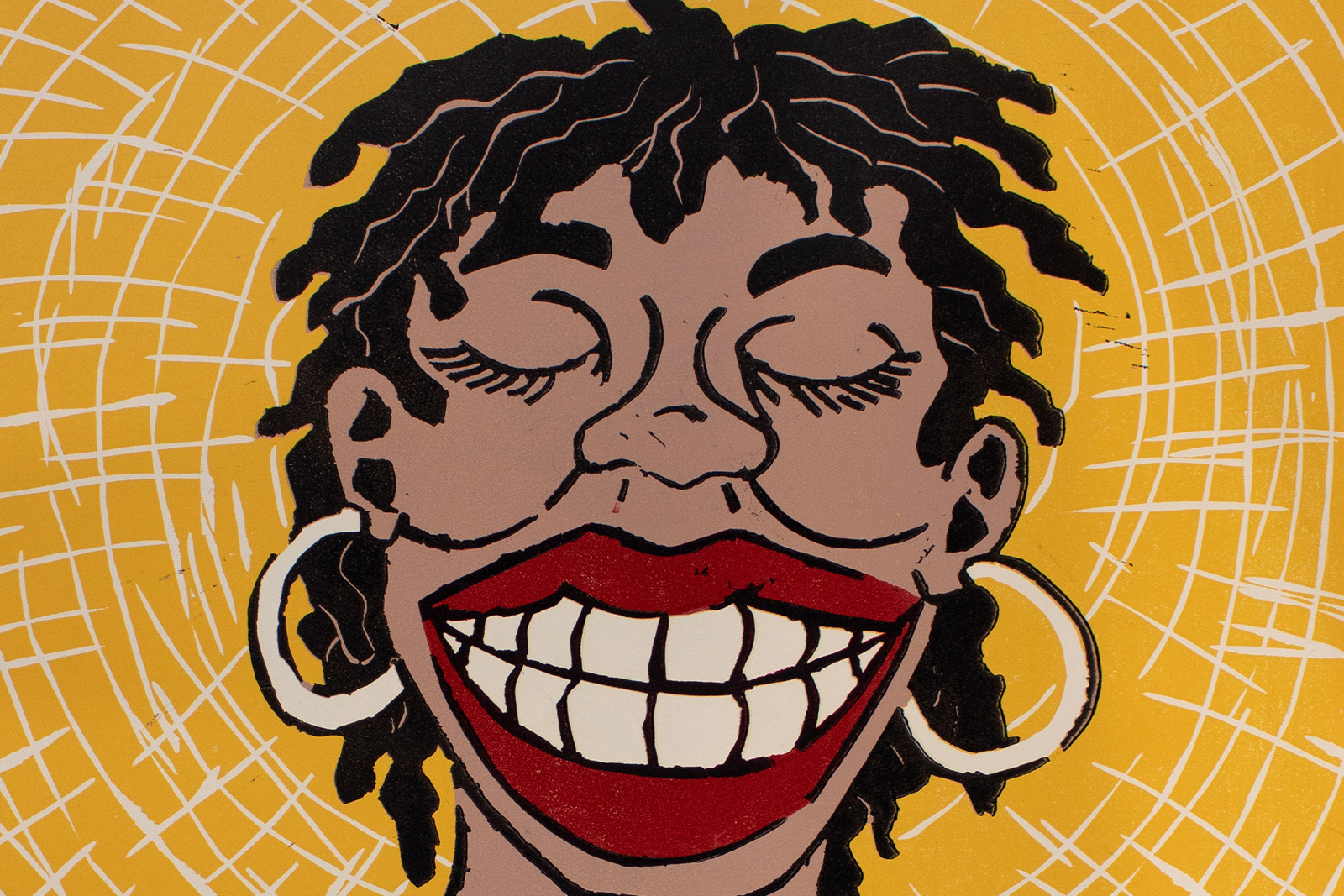 Wanda Ewing print Big Lips a self portriat with a borad smile against a yellow background