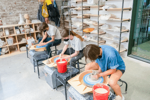 Animated GIF showing 3 images of workshops ceramics and risograph