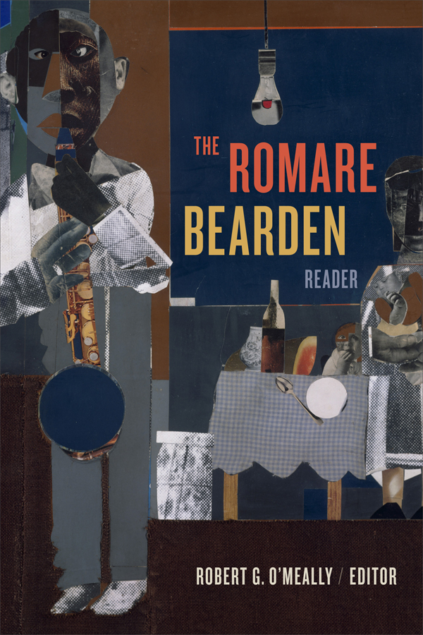 Romare Bearden Reader cover image: Detail image of Bearden's 1069 collage work, "The Woodshed." Male African American figure stands with saxophone in hand in front of a set table with seated woman.